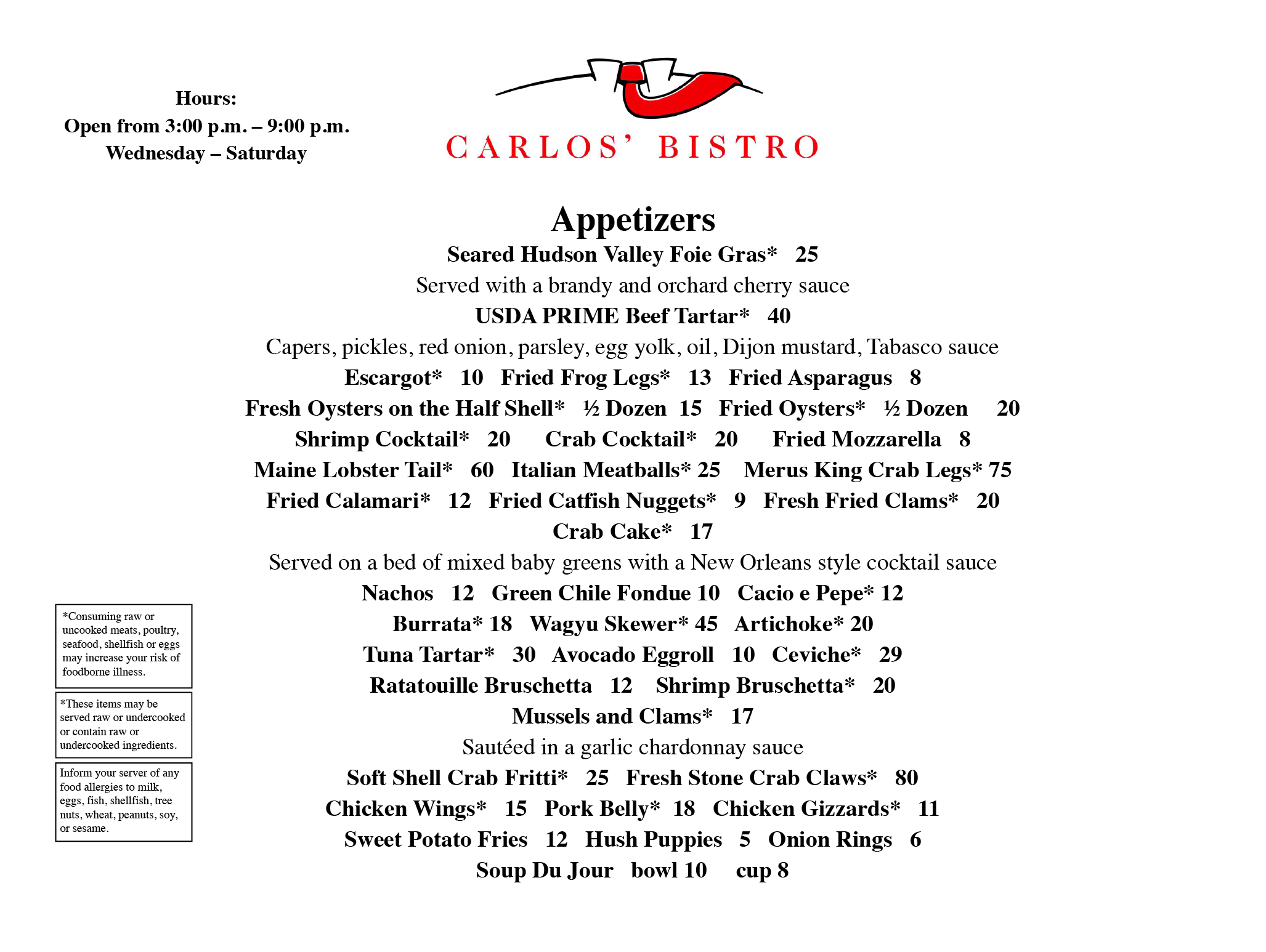 Carlos Bistro Appetizer Menu